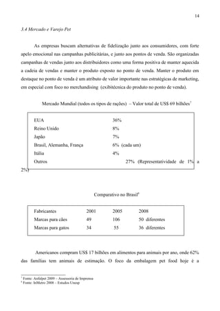 3.4 Mercado e Varejo Pet
As empresas buscam alternativas de fidelização junto aos consumidores, com forte
apelo emocional nas campanhas publicitárias, e junto aos pontos de venda. São organizadas
campanhas de vendas junto aos distribuidores como uma forma positiva de manter aquecida
a cadeia de vendas e manter o produto exposto no ponto de venda. Manter o produto em
destaque no ponto de venda é um atributo de valor importante nas estratégicas de marketing,
em especial com foco no merchandising (exibitécnica do produto no ponto de venda).
Mercado Mundial (todos os tipos de rações) – Valor total de US$ 69 bilhões7
EUA 36%
Reino Unido 8%
Japão 7%
Brasil, Alemanha, França 6% (cada um)
Itália 4%
Outros 27% (Representatividade de 1% a
2%)
Comparativo no Brasil8
Fabricantes 2001 2005 2008
Marcas para cães 49 106 50 diferentes
Marcas para gatos 34 55 36 diferentes
Americanos compram US$ 17 bilhões em alimentos para animais por ano, onde 62%
das famílias tem animais de estimação. O foco da embalagem pet food hoje é a
7
Fonte: Anfalpet 2009 – Assessoria de Imprensa
8
Fonte: InMetro 2008 – Estudos Unesp
14
 