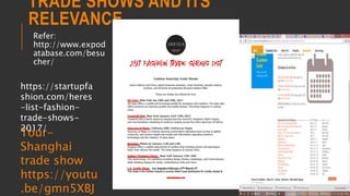 TRADE SHOWS AND ITS
RELEVANCE
Refer:
http://www.expod
atabase.com/besu
cher/
COPYRIGHT SHWETA IYER
Tour-
Shanghai
trade show
https://youtu
.be/gmn5XBJ
https://startupfa
shion.com/heres
-list-fashion-
trade-shows-
2017/
 