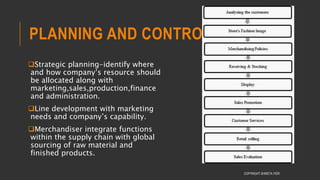 PLANNING AND CONTROL
Strategic planning-identify where
and how company’s resource should
be allocated along with
marketing,sales,production,finance
and administration.
Line development with marketing
needs and company’s capability.
Merchandiser integrate functions
within the supply chain with global
sourcing of raw material and
finished products.
COPYRIGHT SHWETA IYER
 