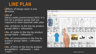 LINE PLAN
Efforts of design team in one
direction
No of
fabrics,styles,constructions,SKUs in a
line for a product group that are
required to meet seasonal sales plan
No. of fabrics in the line by product
group( fabric+ silhouette)
No. of styles in the line by product
group( fabric +silhouette )
No. of constructions in the line by
product group( fabric +silhouette +
color )
No. of SKUs in the line by product
group(fabric +silhouette + color
+size ) COPYRIGHT SHWETA IYER
 