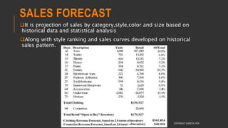 SALES FORECAST
It is projection of sales by category,style,color and size based on
historical data and statistical analysis
Along with style ranking and sales curves developed on historical
sales pattern.
COPYRIGHT SHWETA IYER
 