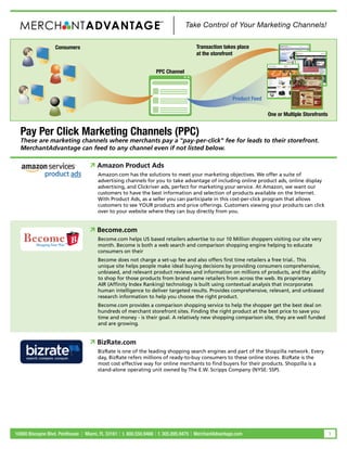 Consumers                                              Transaction takes place
Pay Per Click Marketing Channels (PPC) - Continued at the storefront

                                                  PPC Channel



                                                                                   Product Feed

                                                                                                  One or Multiple Storefronts


Pay Per Click Marketing Channels (PPC)
These are marketing channels where merchants pay a "pay-­per-­click" fee for leads to their storefront.
MerchantAdvantage can feed to any channel even if not listed below.

                         Amazon Product Ads
                          Amazon.com has the solutions to meet your marketing objectives. We offer a suite of
                          advertising channels for you to take advantage of including online product ads, online display
                          advertising, and Clickriver ads, perfect for marketing your service. At Amazon, we want our
                          customers to have the best information and selection of products available on the Internet.
                          With Product Ads, as a seller you can participate in this cost-per-click program that allows
                          customers to see YOUR products and price offerings. Customers viewing your products can click
                          over to your website where they can buy directly from you.


                         Become.com
                          Become.com helps US based retailers advertise to our 10 Million shoppers visiting our site very
                          month. Become is both a web search and comparison shopping engine helping to educate
                          consumers on their
                          Become does not charge a set-up fee and also offers first time retailers a free trial.. This
                          unique site helps people make ideal buying decisions by providing consumers comprehensive,
                          unbiased, and relevant product reviews and information on millions of products, and the ability
                          to shop for those products from brand name retailers from across the web. Its proprietary
                          AIR (Affinity Index Ranking) technology is built using contextual analysis that incorporates
                          human intelligence to deliver targeted results. Provides comprehensive, relevant, and unbiased
                          research information to help you choose the right product.
                          Become.com provides a comparison shopping service to help the shopper get the best deal on
                          hundreds of merchant storefront sites. Finding the right product at the best price to save you
                          time and money - is their goal. A relatively new shopping comparison site, they are well funded
                          and are growing.


                         BizRate.com
                          BizRate is one of the leading shopping search engines and part of the Shopzilla network. Every
                          day, BizRate refers millions of ready-to-buy consumers to these online stores. BizRate is the
                          most cost effective way for online merchants to find buyers for their products. Shopzilla is a
                          stand-alone operating unit owned by The E.W. Scripps Company (NYSE: SSP).




                                                                                                                                
 