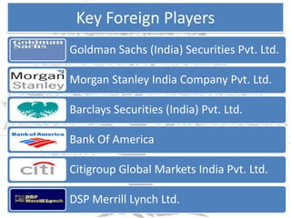 Key Foreign Players
Goldman Sachs (India) Securities Pvt. Ltd.

Morgan Stanley India Company Pvt. Ltd.

Barclays Securities (India) Pvt. Ltd.

Bank Of America

Citigroup Global Markets India Pvt. Ltd.

DSP Merrill Lynch Ltd.
 