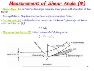 44
Measurement of Shear Angle (Φ)
• Shear Angle Φis defined as the angle made by shear plane with direction of tool
travel.
• Cutting Ratio or Chip thickness ratio or chip compression factor:
• Cutting ratio (r) is defined as the uncut chip thickness (t0) to chip thickness
after metal is cut (tc).
r = t0/tc
• Chip reduction factor (ζ) is the reciprocal of Cutting ratio.
ζ = 1/r = tc/t0
A
B
 