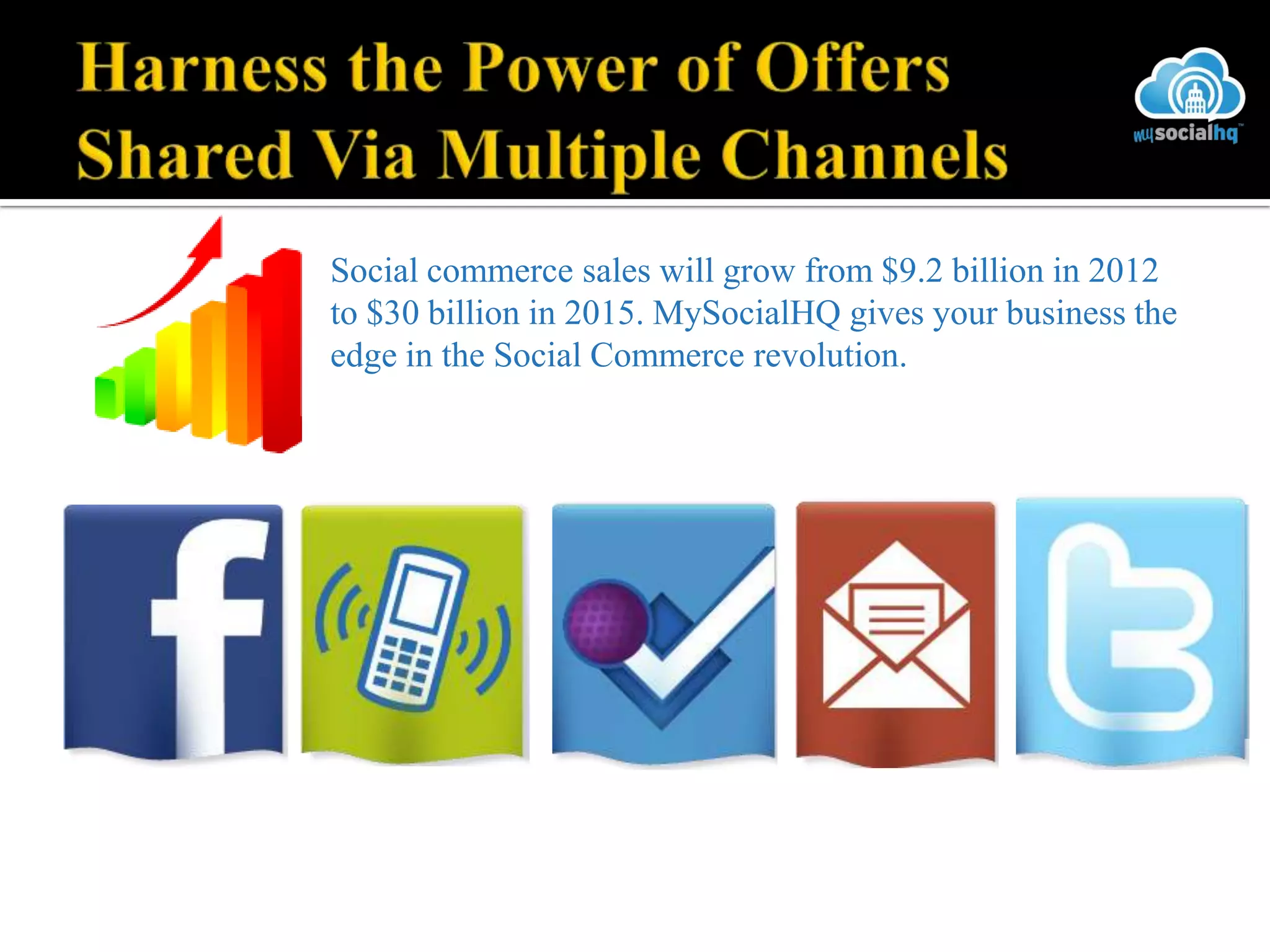 Social commerce sales will grow from $9.2 billion in 2012
to $30 billion in 2015. MySocialHQ gives your business the
edge in the Social Commerce revolution.
 