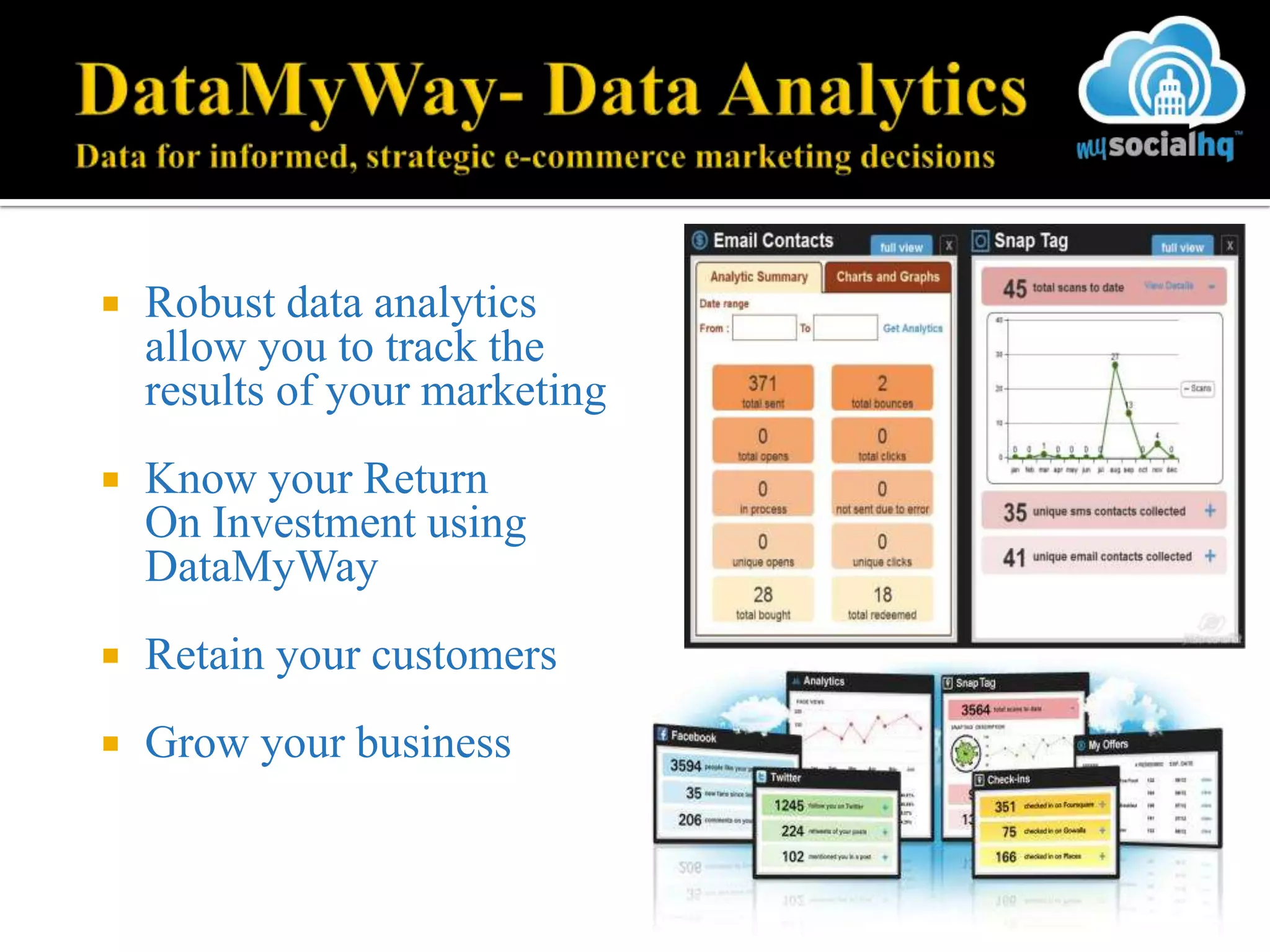   Robust data analytics
    allow you to track the
    results of your marketing
   Know your Return
    On Investment using
    DataMyWay
   Retain your customers
   Grow your business
 
