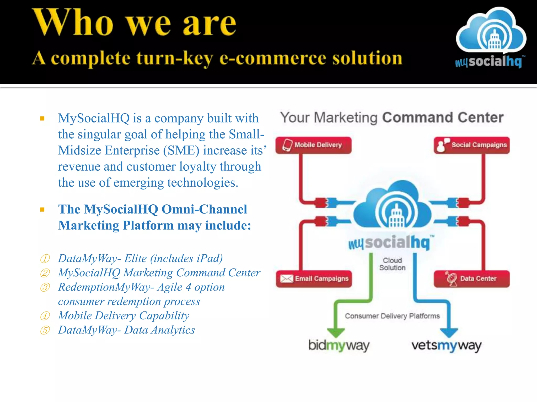    MySocialHQ is a company built with
    the singular goal of helping the Small-
    Midsize Enterprise (SME) increase its’
    revenue and customer loyalty through
    the use of emerging technologies.

   The MySocialHQ Omni-Channel
    Marketing Platform may include:

① DataMyWay- Elite (includes iPad)
② MySocialHQ Marketing Command Center
③ RedemptionMyWay- Agile 4 option
  consumer redemption process
④ Mobile Delivery Capability
⑤ DataMyWay- Data Analytics
 