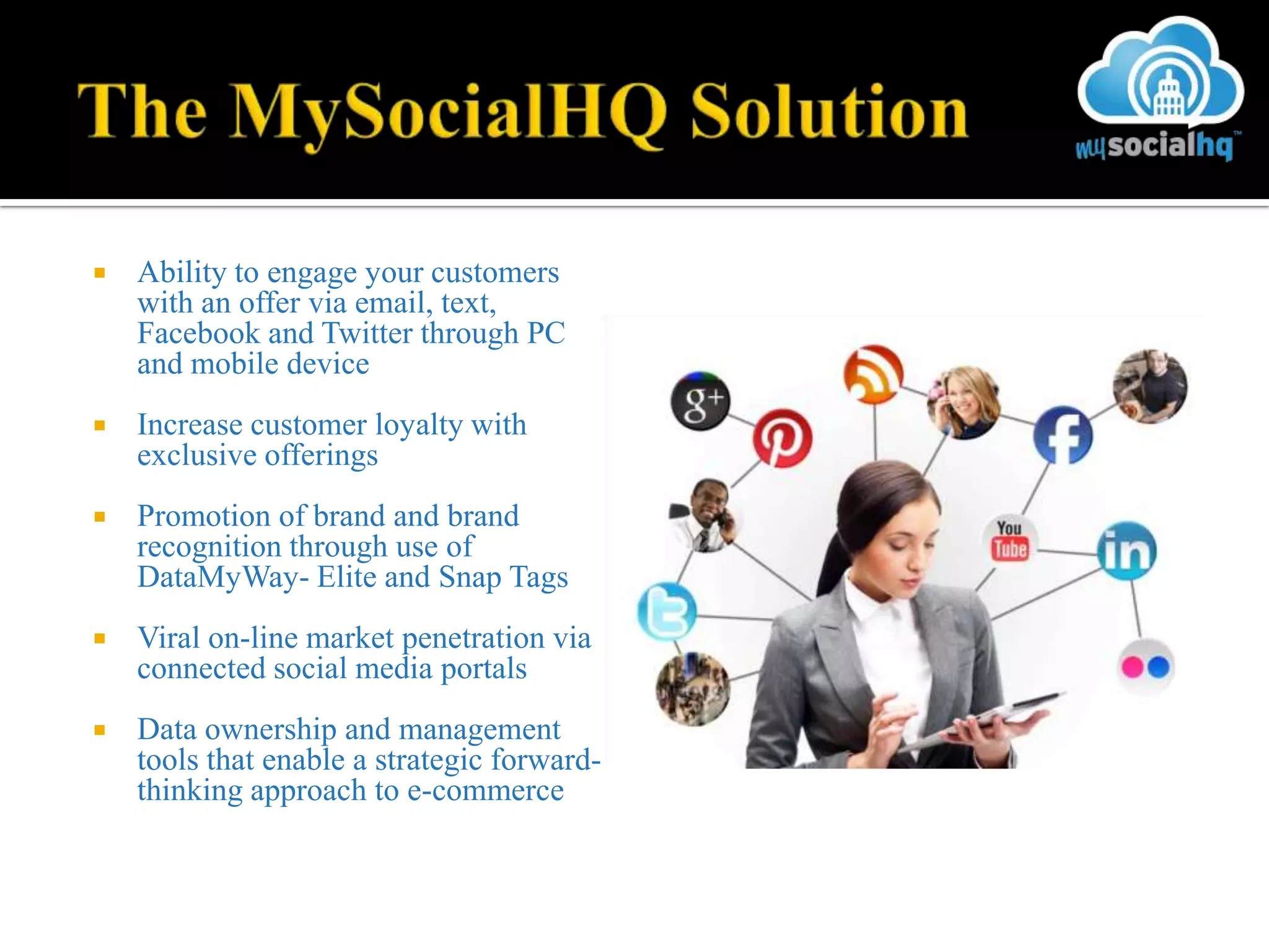    Ability to engage your customers
    with an offer via email, text,
    Facebook and Twitter through PC
    and mobile device
   Increase customer loyalty with
    exclusive offerings
   Promotion of brand and brand
    recognition through use of
    DataMyWay- Elite and Snap Tags
   Viral on-line market penetration via
    connected social media portals
   Data ownership and management
    tools that enable a strategic forward-
    thinking approach to e-commerce
 