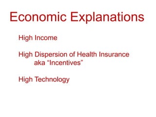 Economic Explanations,[object Object],High Income,[object Object],High Dispersion of Health Insurance ,[object Object],	aka “Incentives”,[object Object],High Technology,[object Object]