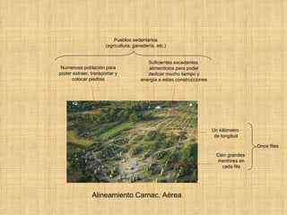 Alineamiento Carnac. Aérea Once filas Un kilómetro de longitud Pueblos sedentarios (agricultura, ganadería, etc.) Numerosa población para poder extraer, transportar y colocar piedras Suficientes excedentes alimenticios para poder dedicar mucho tiempo y energía a estas construcciones Cien grandes menhires en cada fila 