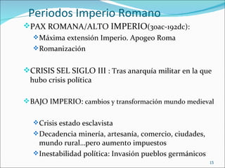 Periodos Imperio Romano
PAX ROMANA/ALTO IMPERIO(30ac-192dc):
   Máxima extensión Imperio. Apogeo Roma
   Romanización

...