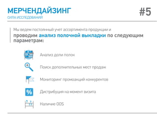 Мы ведем постоянный учет ассортимента продукции и
проводим анализ полочной выкладки по следующим
параметрам:
МЕРЧЕНДАЙЗИНГ
СИЛА ИССЛЕДОВАНИЙ
#5
Анализ доли полок
Поиск дополнительных мест продаж
Мониторинг промоакций конкурентов
Дистрибуция на момент визита
Наличие OOS
 