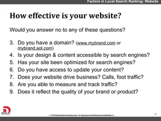 How effective is your website?  Factors in Local Search Ranking: Website  Would you answer no to any of these questions? Do you have a domain?  ( www.mybrand.com  or  mybrand.aol.com ) Is your design & content accessible by search engines? Has your site been optimized for search engines? Do you have access to update your content? Does your website drive business? Calls, foot traffic? Are you able to measure and track traffic? Does it reflect the quality of your brand or product? 