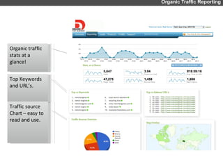 Organic Traffic Reporting Top Keywords and URL’s. Organic traffic stats at a glance! Traffic source Chart – easy to read and use. 