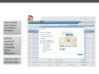 Connect With Your Leads In Social Networks Listen to each call with ease. Reverse White Pages look up on all phone call leads. See the source of each call (including Social Networks) 