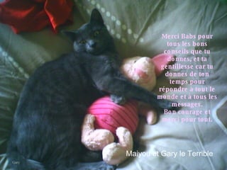 Merci Babs pour tous les bons conseils que tu donnes, et ta gentillesse car tu donnes de ton temps pour répondre à tout le monde et à tous les messages. Bon courage et merci pour tout. Gary Maiyou et Gary le Terrible 