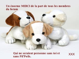 Un énorme MERCI de la part de tous les membres du forum Qui ne seraient personne sans toi et sans Pil’Poils. XXX 
