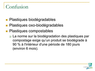 Confusion
Plastiques biodégradables
Plastiques oxo-biodégradables
Plastiques compostables
La norme sur la biodégradation des plastiques par
compostage exige qu’un produit se biodégrade à
90 % à l'intérieur d'une période de 180 jours
(environ 6 mois).
 