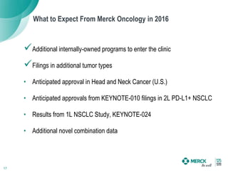 Additional internally-owned programs to enter the clinic
Filings in additional tumor types
• Anticipated approval in Head and Neck Cancer (U.S.)
• Anticipated approvals from KEYNOTE-010 filings in 2L PD-L1+ NSCLC
• Results from 1L NSCLC Study, KEYNOTE-024
• Additional novel combination data
What to Expect From Merck Oncology in 2016
17
 