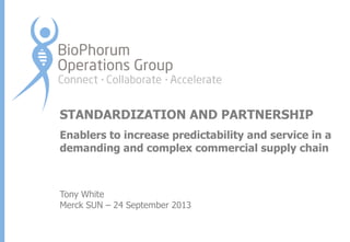 STANDARDIZATION AND PARTNERSHIP
Enablers to increase predictability and service in a
demanding and complex commercial supply chain

Tony White
Merck SUN – 24 September 2013

 