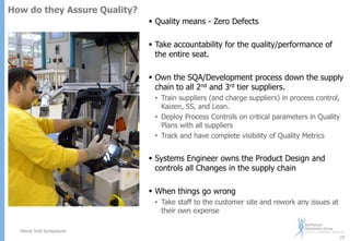 How do they Assure Quality?
 Quality means - Zero Defects
 Take accountability for the quality/performance of
the entire seat.
 Own the SQA/Development process down the supply
chain to all 2nd and 3rd tier suppliers.
• Train suppliers (and charge suppliers) in process control,
Kaizen, 5S, and Lean.
• Deploy Process Controls on critical parameters in Quality
Plans with all suppliers
• Track and have complete visibility of Quality Metrics

 Systems Engineer owns the Product Design and
controls all Changes in the supply chain
 When things go wrong
• Take staff to the customer site and rework any issues at
their own expense
Merck SUN Symposium
25

 