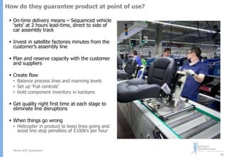 How do they guarantee product at point of use?
 On-time delivery means – Sequenced vehicle
„sets‟ at 2 hours lead-time, direct to side of
car assembly track
 Invest in satellite factories minutes from the
customer‟s assembly line
 Plan and reserve capacity with the customer
and suppliers
 Create flow

• Balance process lines and manning levels
• Set up „Pull controls‟
• Hold component inventory in kanbans

 Get quality right first time at each stage to
eliminate line disruptions
 When things go wrong

• Helicopter in product to keep lines going and
avoid line stop penalties of £100k‟s per hour

Merck SUN Symposium
26

 