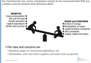For Commercial use, many companies remain to be convinced that SUS are
a better overall solution that Stainless Steel

BENEFITS
Cross contamination
SIP and CIP load
Facility downtime
Capital expenditure
Facility start-up time







RISKS and CONCERNS
Control of change
Predictability of output
 Implementation complexity
 SKU complexity
 Supply, capital and space

 The risks and concerns are
• Retarding uptake of commercial applications, but
• Addressable, when and where suppliers and users work as partners
Merck SUN Symposium
3

 