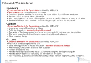 Value Add: Win-Win for All
Regulators

•Consensus Standards for Extractablespublished by ASTM/USP
•Clear expectations for suppliers and end users
• Consistent level of baseline data provided for extractables, from different applicants
• Reduced effort to review extractables data
• Risk based approach to extractables applied rather than performing test in every application
• Review efforts can be focused on control strategy for process specific leachables

Suppliers

•Consensus Standards for Extractablespublished by ASTM/USP
• Know what extractable protocol to follow
• Solid starting point – standard extractable protocol
• One Voice of Customer (major biopharma are represented), clear end-user expectation
• The go-to group to solicit feedback for your extractable study planning
• Clear reporting format

End Users

•Consensus Standards for Extractablespublished by ASTM/USP
•Know what extractable protocol to use
• Solid starting point for in-house evaluation – standard extractable protocol
• Know exactly what will be available from suppliers
• Reliable extractable data
• Able to make rapid decision to move SUS forward along the developmental path
• Able to identify additional work early for development programs
• Few regulatory questions with consistent data package from all biopharma/CMO companies

Merck SUN Symposium
24/Sept/2013

39

 