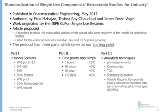 ‘Standardization of Single Use Components’ Extractable Studies for Industry’





Published in Pharmaceutical Engineering, May 2012
Authored by Ekta Mahajan, Trishna Ray-Chaudhuri and James Dean Vogel
Work originated by the ISPE CoPon Single Use Systems
Article proposed
• A standard protocol for extractable studies which would take away majority of the needs for additional
studies
• Called for the endorsement of a suitable User and or Supplier grouping

 The protocol has three parts which serve as our starting point
Part I
 Model Solvents
•
•
•
•
•
•
•

WFI pH 11-12
5M NaCl
PBS
50% Ethanol
WFI pH 2
20% Polysorbate 20
WFI neutral

Merck SUN Symposium
24/Sept/2013

Part II
 Time points and temps





0 hours
48 hours
30 days
120 days

25oC
40oC
40oC
40oC

Part III
 Analytical techniques






pH measurements
Conductivity
TOC
Screening of metals
Volatile Organic Compounds
(VOC) with direct injection into
gas chromatography/mass spec
(GC/MS)

41

 