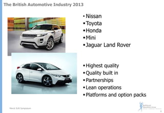The British Automotive Industry 2013

• Nissan
Toyota
Honda
Mini
Jaguar Land Rover

 Highest quality
 Quality built in
 Partnerships
 Lean operations
 Platforms and option packs
Merck SUN Symposium
6

 