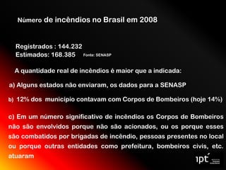 Registrados : 144.232
b) 12% dos município contavam com Corpos de Bombeiros (hoje 14%)
c) Em um número significativo de incêndios os Corpos de Bombeiros
não são envolvidos porque não são acionados, ou os porque esses
são combatidos por brigadas de incêndio, pessoas presentes no local
ou porque outras entidades como prefeitura, bombeiros civis, etc.
atuaram
Estimados: 168.385
Número de incêndios no Brasil em 2008
Fonte: SENASP
A quantidade real de incêndios é maior que a indicada:
a) Alguns estados não enviaram, os dados para a SENASP
 