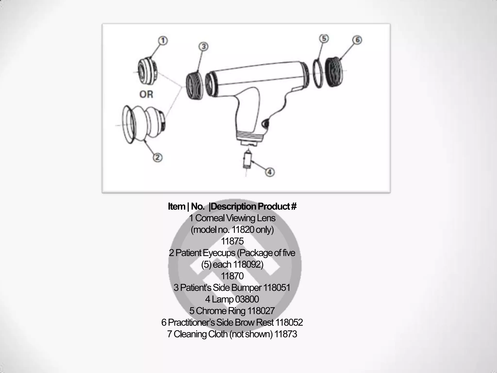 Item|No. |DescriptionProduct#
1CornealViewingLens
(modelno.11820only)
11875
2PatientEyecups(Packageoffive
(5)each118092)
11870
3Patient’sSideBumper118051
4Lamp03800
5ChromeRing118027
6Practitioner’sSideBrowRest118052
7CleaningCloth(notshown)11873
 