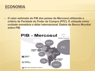  Economia                    O valor estimado do PIB dos países do Mercosul utilizando o critério de Paridade do Poder de Compra (PPC). É utilizada como unidade monetária o dólar internacional. Dados do Banco Mundial sobre PIB e população: