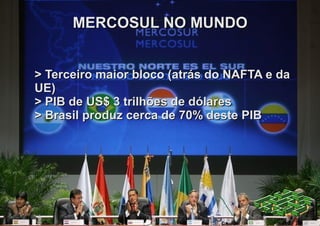 MERCOSUL NO MUNDO


> Terceiro maior bloco (atrás do NAFTA e da
UE)
> PIB de US$ 3 trilhões de dólares
> Brasil produz cerca de 70% deste PIB
 