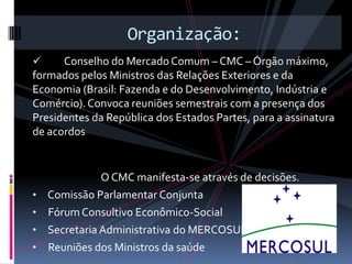 Organização:
     Conselho do Mercado Comum – CMC – Órgão máximo,
formados pelos Ministros das Relações Exteriores e da
Economia (Brasil: Fazenda e do Desenvolvimento, Indústria e
Comércio). Convoca reuniões semestrais com a presença dos
Presidentes da República dos Estados Partes, para a assinatura
de acordos


               O CMC manifesta-se através de decisões.
•   Comissão Parlamentar Conjunta
•   Fórum Consultivo Econômico-Social
•   Secretaria Administrativa do MERCOSUL
•   Reuniões dos Ministros da saúde
 