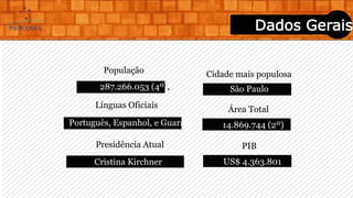 Dados Gerais
População
Línguas Oficiais
Português, Espanhol, e Guarani
Presidência Atual
Cristina Kirchner,
São Paulo
Cidade mais populosa
Área Total
14.869.744 (2º)
287.266.053 (4º),
PIB
US$ 4.363.801
 