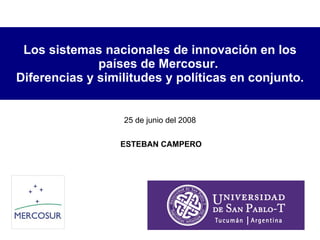Los sistemas nacionales de innovación en los países de Mercosur.  Diferencias y similitudes y políticas en conjunto. ESTEBAN CAMPERO 25 de junio del 2008 