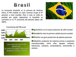 Brasil La economía brasileña es la primera de América latina. El PBI medido en valor nominal ocupa la 9ª posición a nivel mundial. Pero si este se mide en paridad por poder adquisitivo, la brasileña se convierte en la 7ª economía del planeta (datos del 2007). Los mayores socios de  Brasil son  la Unión Europea, Mercosur, Estados Unidos y China. Agricultura:  es el mayor productor de café mundial Ganadería:  tiene la primera cabaña bovina mundial Minería:  con gran producción de piedras preciosas Industria:  productor de materias primas y productos manufacturados, entre ellos equipos militares, televisores, celulares, computadoras, automóviles y aviones. Crecimiento del PIB anual 