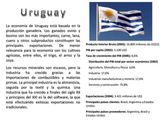Uruguay La economía de Uruguay está basada en la producción ganadera. Los ganados ovino y bovino son los más importantes; carne, lana, cuero y otros subproductos constituyen las principales exportaciones. De menor relevancia para la economía son los cultivos agrícolas, entre ellos, el trigo, el arroz y la soya. Los recursos minerales son escasos, pero la industria ha crecido gracias a las importaciones de combustibles y materias primas. La principal industria es la alimenticia, seguida por la textil y la química. Una industria que ha crecido a finales del siglo XX y principios del XXI es la del software, la que está efectuando exitosas exportaciones no tradicionales. Producto Interior Bruto (2005):  16.800 millones de US$[2] PIB per capita (2005):  5.100 US$ Tasa de crecimiento del PIB (2005):  6,6% Distribución del PIB total por sector económico (2002) Agricultura, Silvicultura y Pesca: 6,6% Industria: 17,6% Industrias manufactureras y minería: 17,6% Servicios y construcción: 75,8% Exportaciones (2004):  3.421 millones de US$ Principales países clientes:  Brasil, Argentina y Estados Unidos Principales países proveedores:  Argentina, Brasil y Estados Unidos 