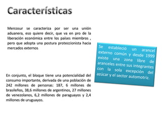 Mercosur se caracteriza por ser una unión aduanera, eso quiere decir, que va en pro de la liberación económica entre los países miembros , pero que adopta una postura proteccionista hacia mercados externos  En conjunto, el bloque tiene una potencialidad del consumo importante, derivada de una población de 242 millones de personas: 187, 6 millones de brasileños, 38,6 millones de argentinos, 27 millones de venezolanos, 6,2 millones de paraguayos y 2,4 millones de uruguayos.  Se estableció un arancel externo común y desde 1999 existe una zona libre de aranceles entre sus integrantes con la sola excepción del azúcar y el sector automotriz.  