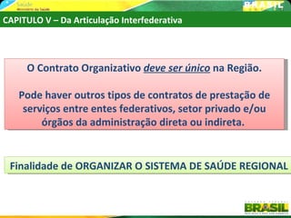 CAPITULO V – Da Articulação Interfederativa



     O Contrato Organizativo deve ser único na Região.

   Pode haver outros tipos de contratos de prestação de
    serviços entre entes federativos, setor privado e/ou
        órgãos da administração direta ou indireta.


 Finalidade de ORGANIZAR O SISTEMA DE SAÚDE REGIONAL


                                                         46
 