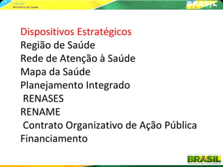 Dispositivos Estratégicos
Região de Saúde
Rede de Atenção à Saúde
Mapa da Saúde
Planejamento Integrado
RENASES
RENAME
Contrato Organizativo de Ação Pública
Financiamento
 