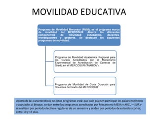 MOVILIDAD EDUCATIVA
Dentro de las características de estos programas está: que solo pueden participar los países miembros
o asociados al bloque, se dan entre los programas acreditados por Mecanismo MEXA y ARCU – SUR y
se realizan por periodos lectivos regulares de un semestre y se dan por periodos de estancias cortes;
entre 10 y 15 días.
 