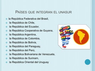 PAÍSES QUE INTEGRAN EL UNASUR 
 la República Federativa del Brasil, 
 la República de Chile, 
 la República del Ecuador, 
 la República Cooperativa de Guyana, 
 la República Argentina, 
 la República de Colombia, 
 la República de Bolivia, 
 la República del Paraguay, 
 la República del Perú, 
 la República Bolivariana de Venezuela, 
 la República de Surinam, 
 la República Oriental del Uruguay 
 