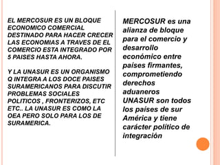 EL MERCOSUR ES UN BLOQUE 
ECONOMICO COMERCIAL 
DESTINADO PARA HACER CRECER 
LAS ECONOMIAS A TRAVES DE EL 
COMERCIO ESTA INTEGRADO POR 
5 PAISES HASTA AHORA. 
Y LA UNASUR ES UN ORGANISMO 
Q INTEGRA A LOS DOCE PAISES 
SURAMERICANOS PARA DISCUTIR 
PROBLEMAS SOCIALES 
POLITICOS , FRONTERIZOS, ETC 
ETC.. LA UNASUR ES COMO LA 
OEA PERO SOLO PARA LOS DE 
SURAMERICA. 
MERCOSUR es una 
alianza de bloque 
para el comercio y 
desarrollo 
económico entre 
países firmantes, 
comprometiendo 
derechos 
aduaneros 
UNASUR son todos 
los países de sur 
América y tiene 
carácter político de 
integración 
 