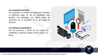 El uso y reproducción de este material es exclusivamente para usos didácticos www.ceuss.edu.mx
Las cuestiones centrales
Una elección es siempre un plebiscito. Siempre
se plebiscita algo, ya sea un candidato, una
gestión, una ideología, etc. Quien mejor se
posicione en la sociedad, es el que gana la
elección.
Las ventajas Comparativas:
Son las palancas a partir de las cuales un
candidato o partido pueden volcar votos a su
favor.
 