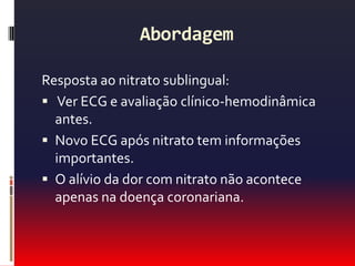 Marcadores de necrose miocárdicaMioglobina: se eleva em 2 a 3 horas . Pico de 6 a12 horas. Normalização em 24 horas.Valor preditivo negativo de quase 100%. Se negativa após 4 horas de exclui infarto!Ck-mb: ideal para avaliar reinfarto ou infarto em PO cardíaco, ou quando não se tem troponina.