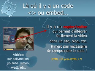 Là où il y a un code
<> ou embed…
… Il y a un copier/coller
qui permet d’intégrer
facilement la vidéo
dans un site, blog, etc.
Il n’est pas nécessaire
de comprendre le code !
Vidéos
sur dailymotion,
youtube, viméo,
watt, etc.
CTRL + C puis CTRL + V
 