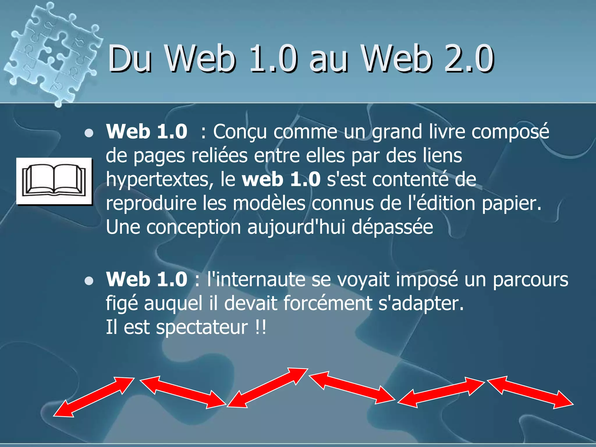 Du Web 1.0 au Web 2.0Web 1.0  : Conçu comme un grand livre composé de pages reliées entre elles par des liens hypertextes, le web 1.0 s'est contenté de reproduire les modèles connus de l'édition papier. Une conception aujourd'hui dépasséeWeb 1.0 : l'internaute se voyait imposé un parcours figé auquel il devait forcément s'adapter.Il est spectateur !!