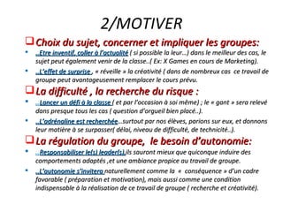 2/MOTIVER Choix du sujet, concerner et impliquer les groupes: ..Etre inventif, coller à l’actualité  ( si possible la leur…) dans le meilleur des cas, le sujet peut également venir de la classe..( Ex: X Games en cours de Marketing). ..L’effet de surprise  , « réveille » la créativité ( dans de nombreux cas  ce travail de groupe peut avantageusement remplacer le cours prévu. La difficulté , la recherche du risque : .. Lancer un défi à la classe  ( et par l’occasion à soi même) ; le « gant » sera relevé dans presque tous les cas ( question d’orgueil bien placé..). ..L’adrénaline est recherchée …surtout par nos élèves, parions sur eux, et donnons leur matière à se surpasser( délai, niveau de difficulté, de technicité..). La régulation du groupe,  le besoin d’autonomie: .. Responsabiliser le(s) leader(s), ils sauront mieux que quiconque induire des comportements adaptés ,et une ambiance propice au travail de groupe. ..L’autonomie s’invitera  naturellement comme la  «  conséquence » d’un cadre favorable ( préparation et motivation), mais aussi comme une condition indispensable à la réalisation de ce travail de groupe ( recherche et créativité). 